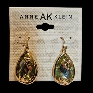 Anne Klein Gold Tone and Green Teardrop Earrings